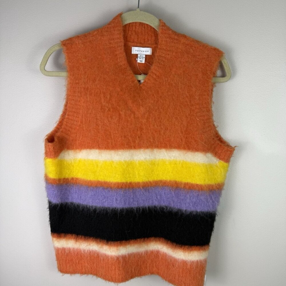 Topshop Fluffy Knit Sweater Vest Multicolor Stripe V Neck Sleeveless Small - Picture 2 of 7
